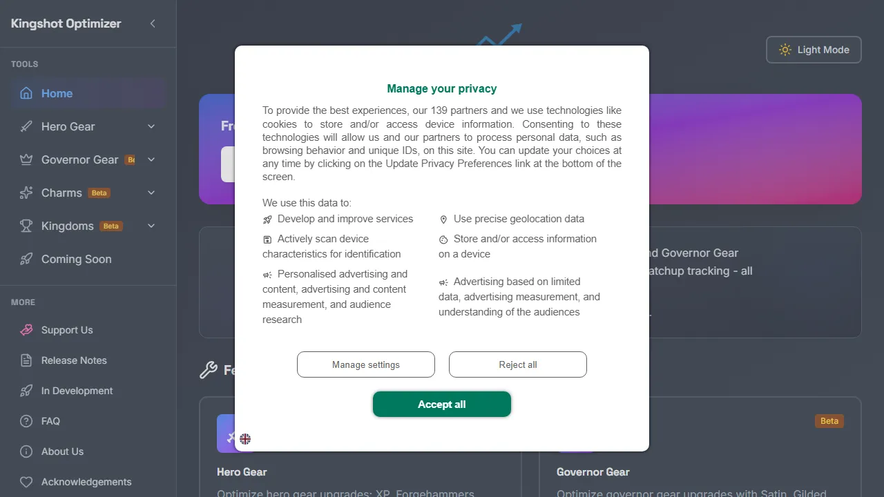 kingshotoptimizer.com - Free Tool for Smarter Gear Decisions screenshot