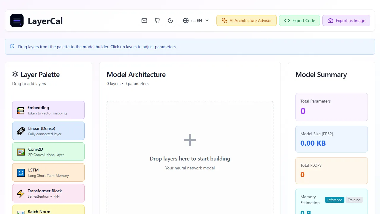 layercal.com - AI 3D Model Design Tool for Neural Networks screenshot