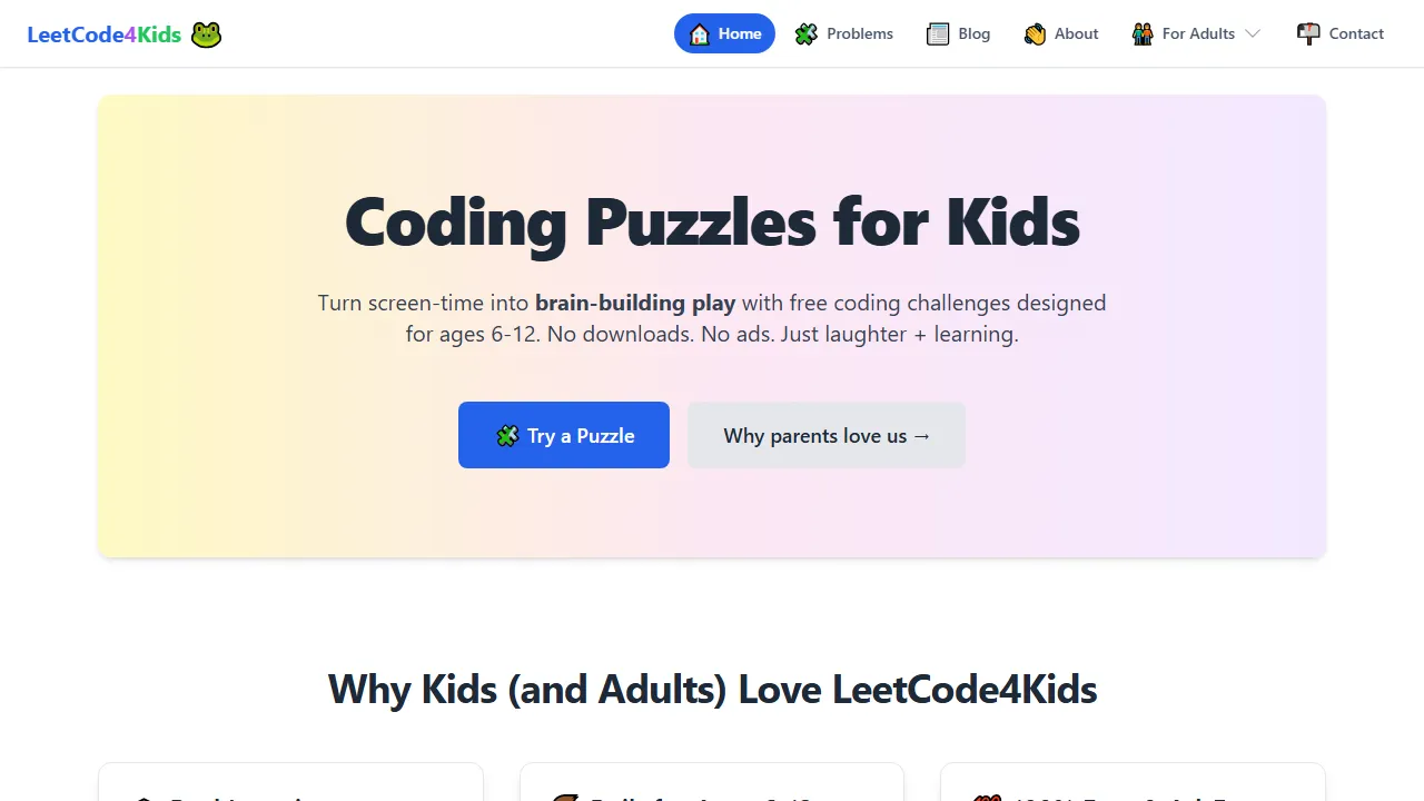 leetcode4kids.com - Free Online Coding Courses with Logic Puzzles screenshot