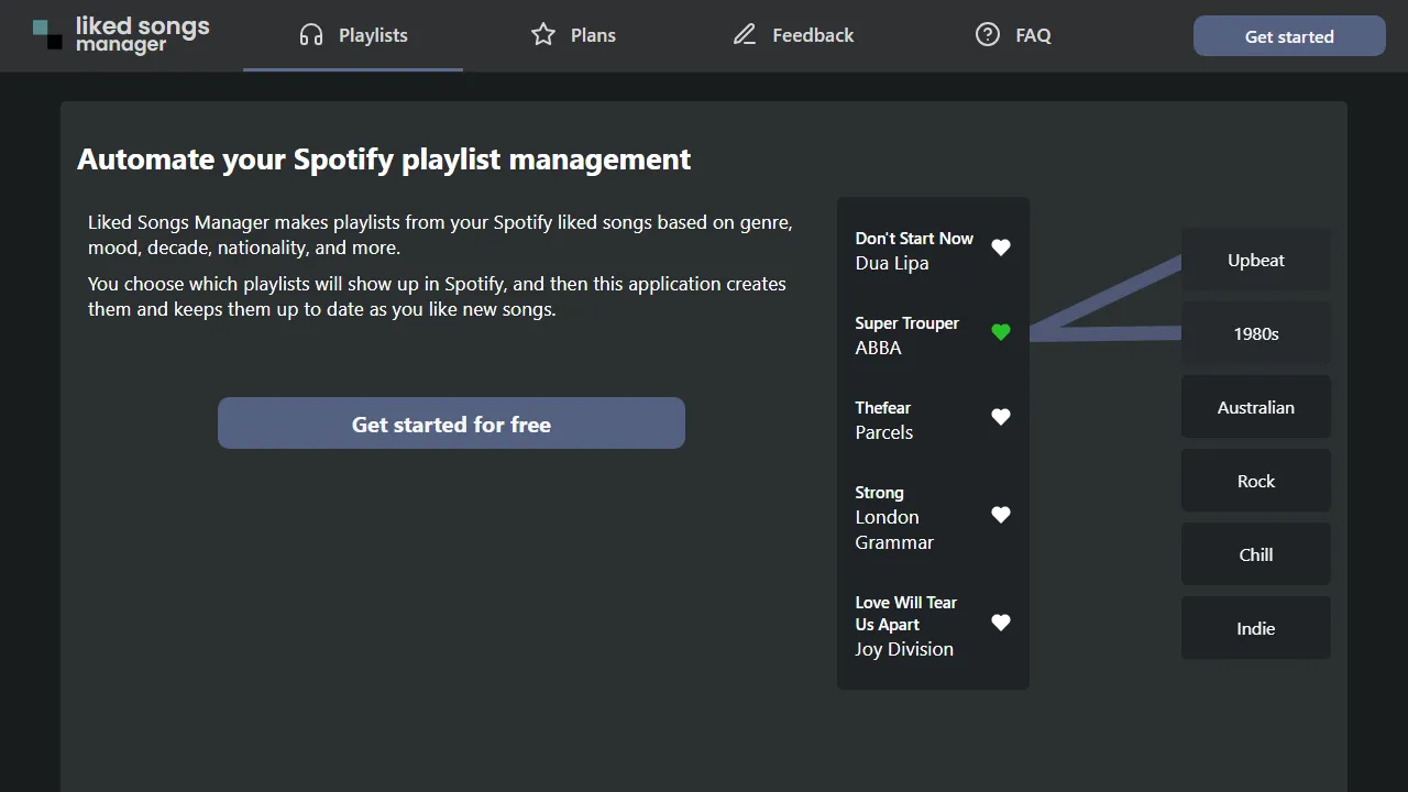 likedsongsmanager.com - Spotify Playlist Manager App Online screenshot