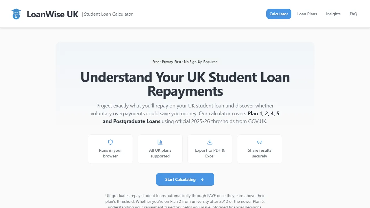 loanwiseuk.co.uk - Mortgage Overpayment Calculator for Loan Planning screenshot