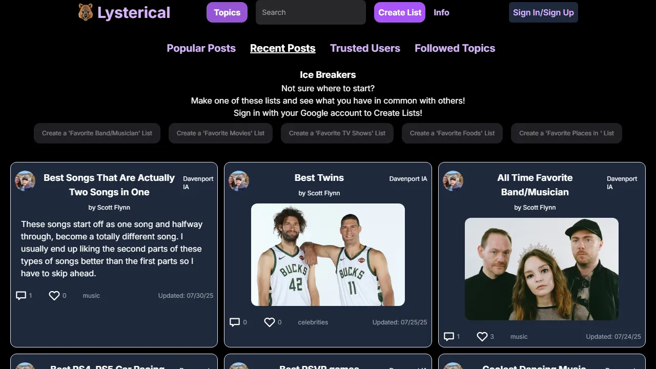 lysterical.com - Web Developer's Social Media and Games screenshot