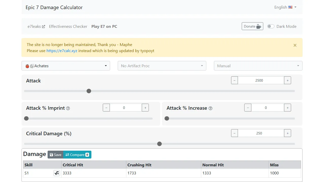 maphe.github.io - Epic Seven Game Damage Calculator screenshot