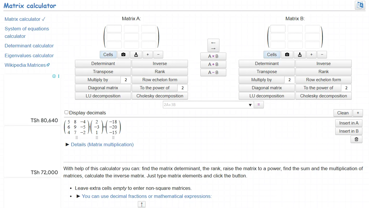 matrixcalc.org - Online Matrix Operations and Linear Equations Solver screenshot
