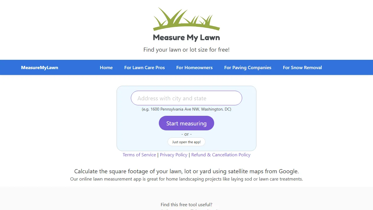 measuremylawn.com - Lawn Square Footage Calculator Tool Online screenshot