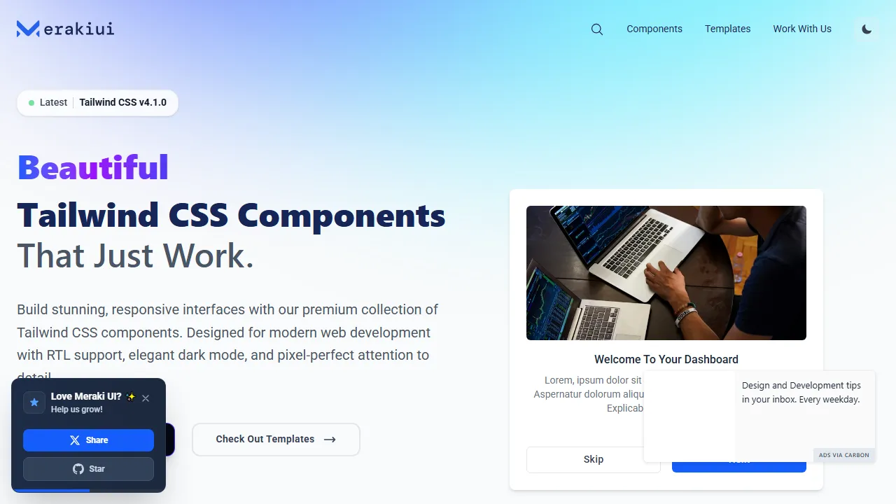 merakiui.com - React UI Component Library For Developers screenshot
