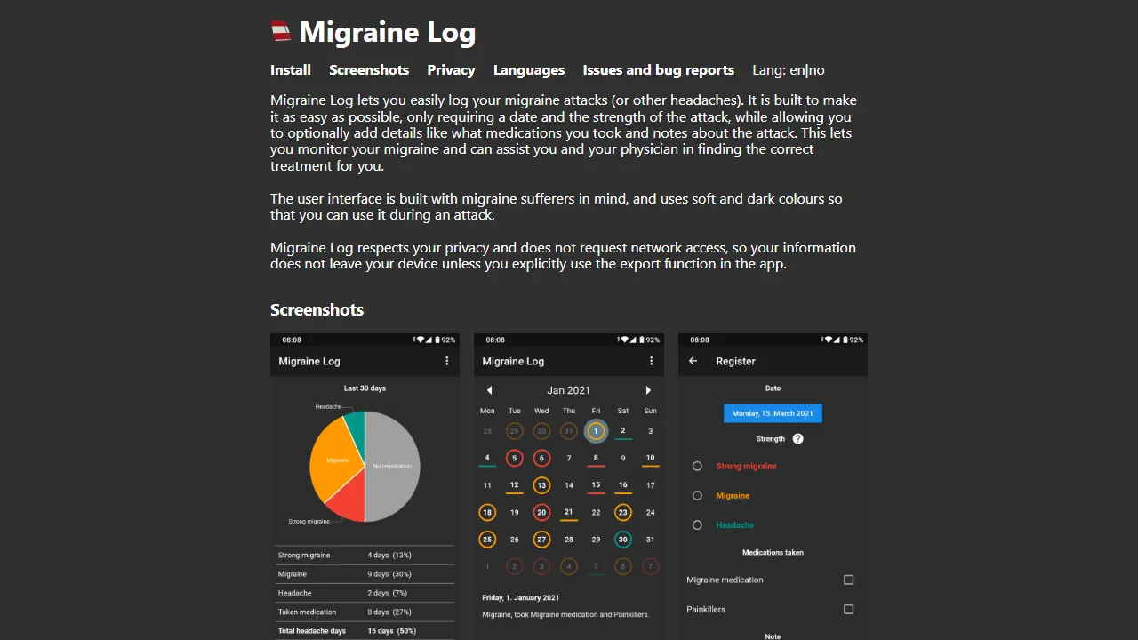 migrainelog.zerodogg.org - Free Migraine and Health Tracking App screenshot