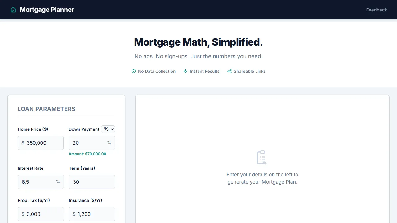 mortgageplanner.net - Simple Online Mortgage Calculator Tool screenshot