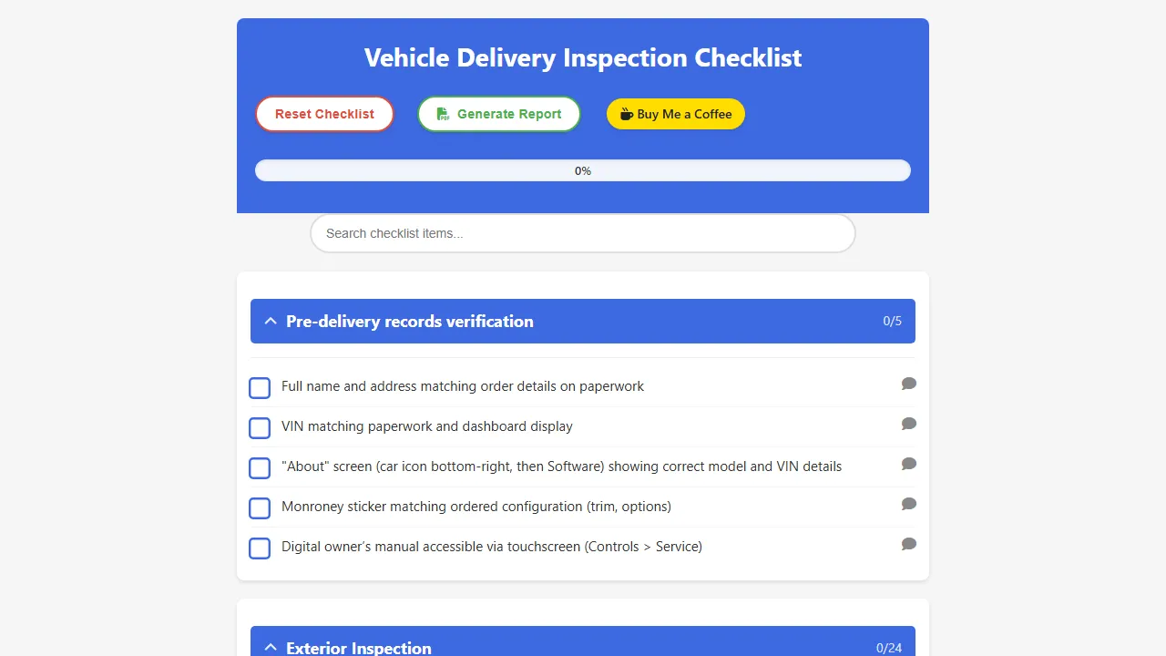 mydeliverychecklist.com - Vehicle Delivery Inspection Checklist Quality Control Tool screenshot