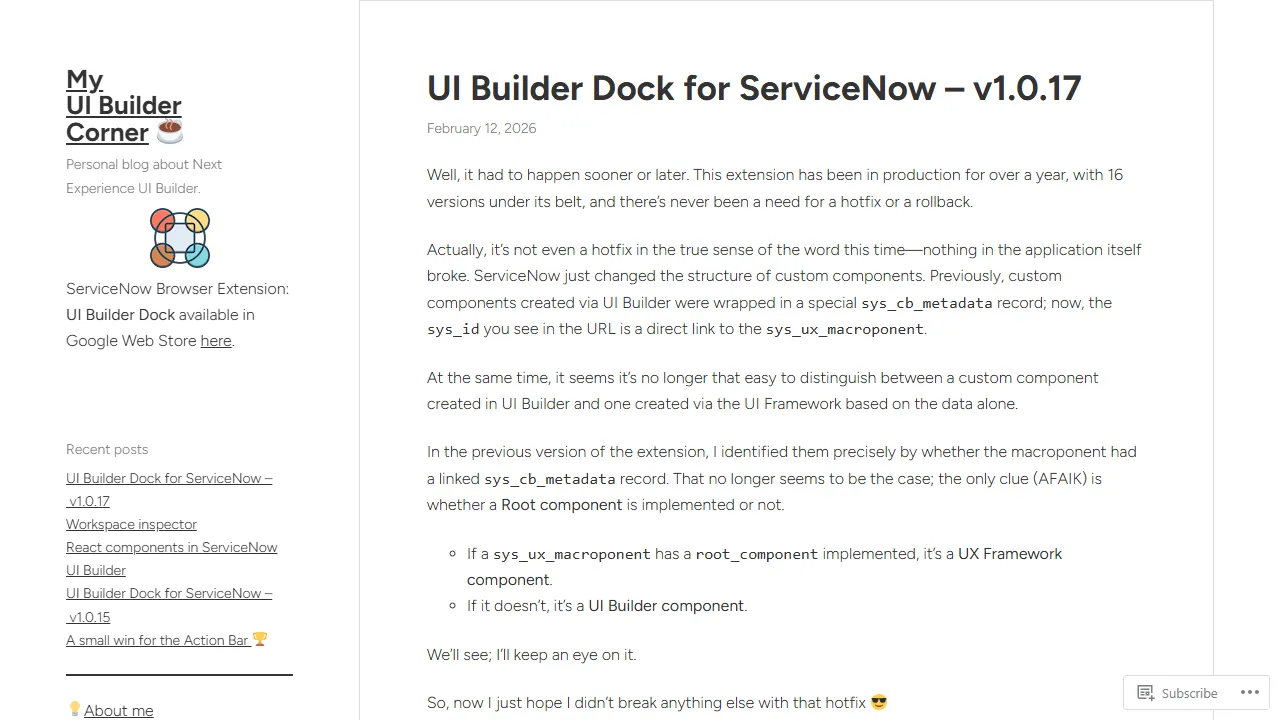 myuibcorner.com - ServiceNow UI Builder Support Page screenshot