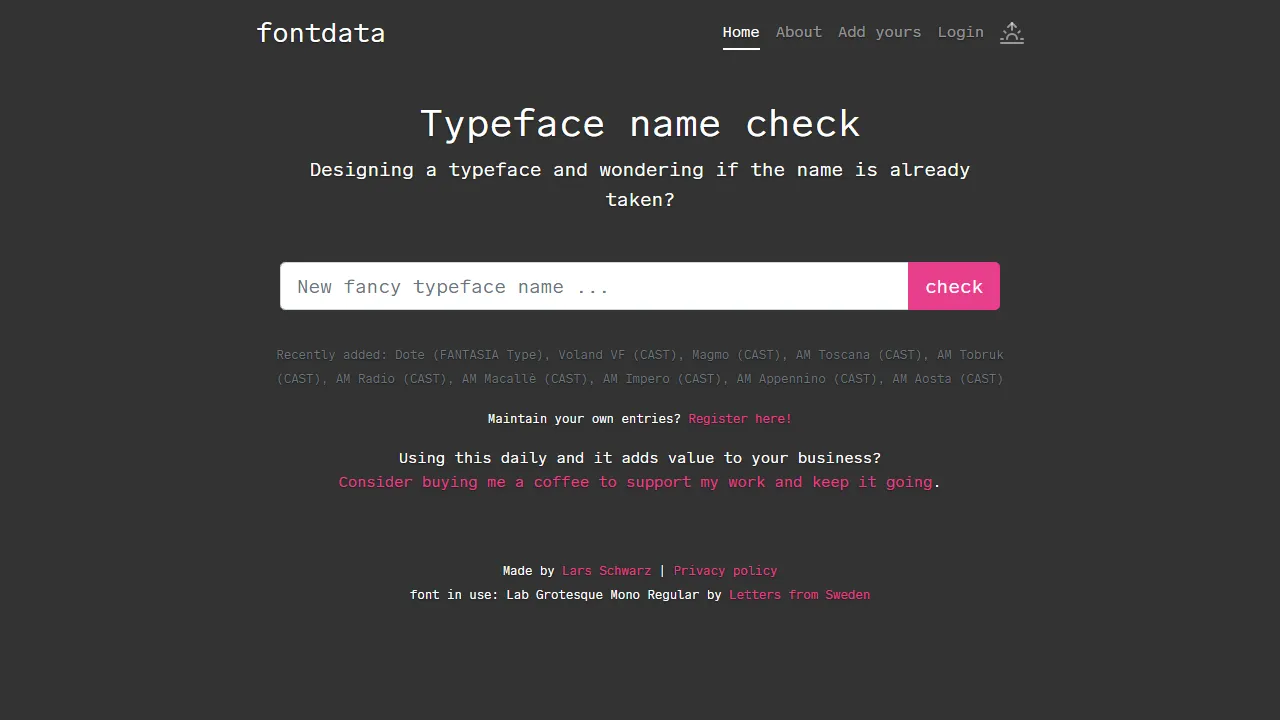 namecheck.fontdata.com - Name Check Tool For Type Community screenshot