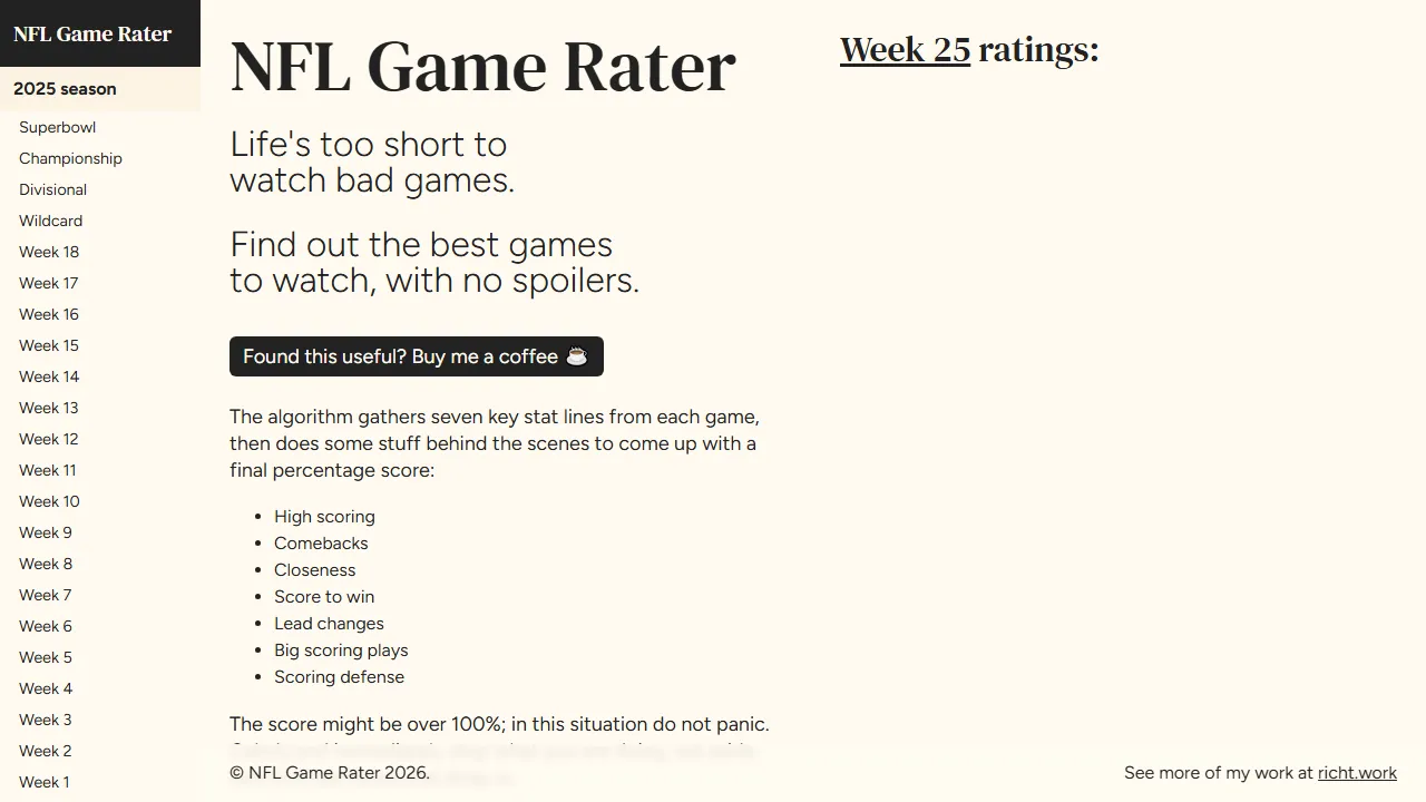 nflgamerater.com - NFL Game Rating Tool for Fans screenshot