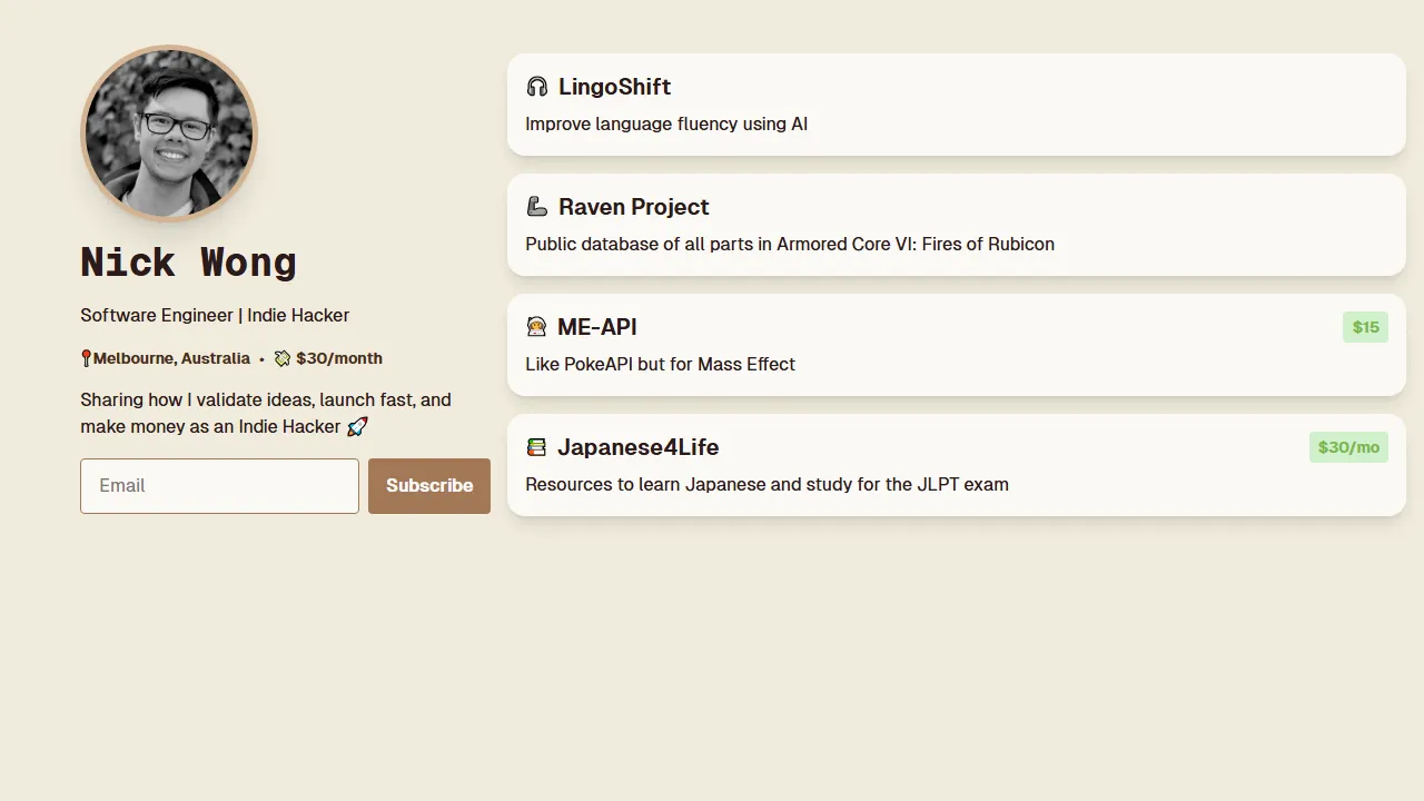 nickwong.dev - Indie Hacking Projects and Support screenshot