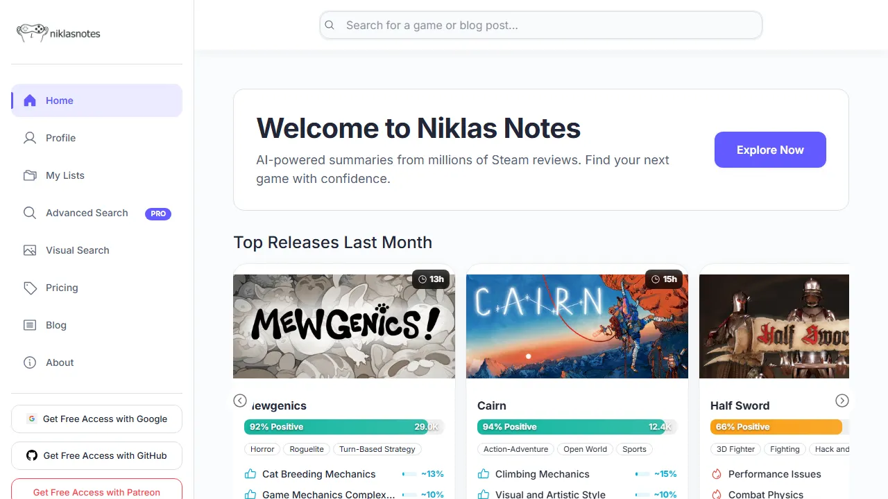niklasnotes.com - Game Review Aggregator for Honest Player Insights screenshot