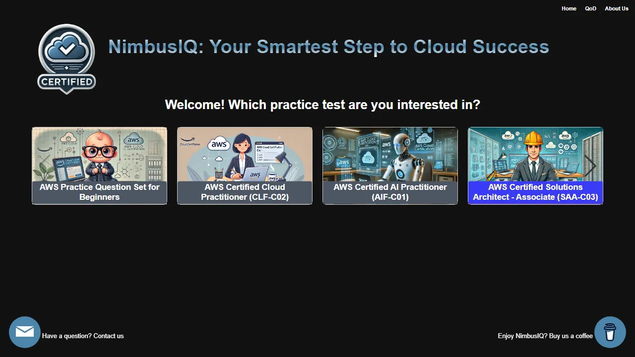 nimbusiq.academy - AWS Certification Training with Practice Questions screenshot