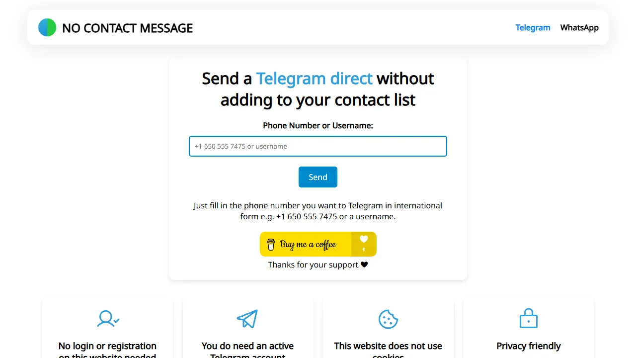 nocontactmessage.app - Send Telegram Messages Without Adding Contacts screenshot