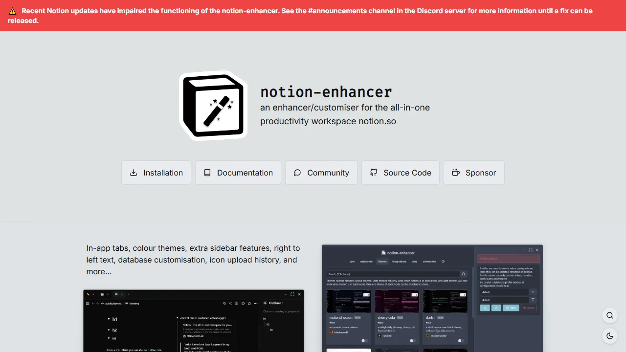 notion-enhancer.github.io - Notion Enhancer Extension - Chrome Extension Mac screenshot