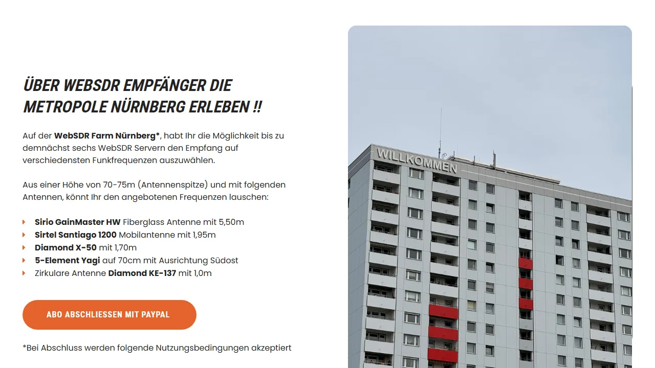 nuernberg.web-sdr.ch - WebSDR Radio Receiver Access Subscription screenshot