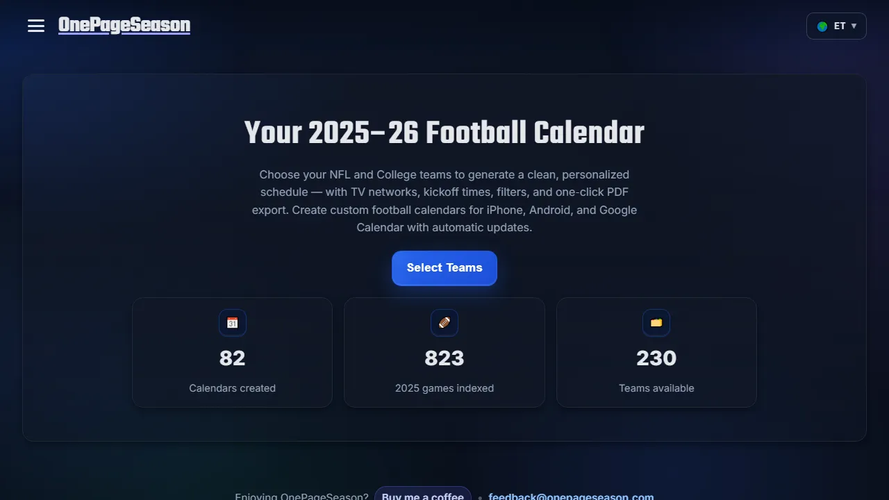 onepageseason.com - Sports Schedule Creator for NFL & CFB screenshot