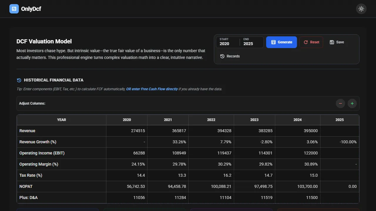 onlydcf.com - Free Discounted Cash Flow Formula Calculator screenshot