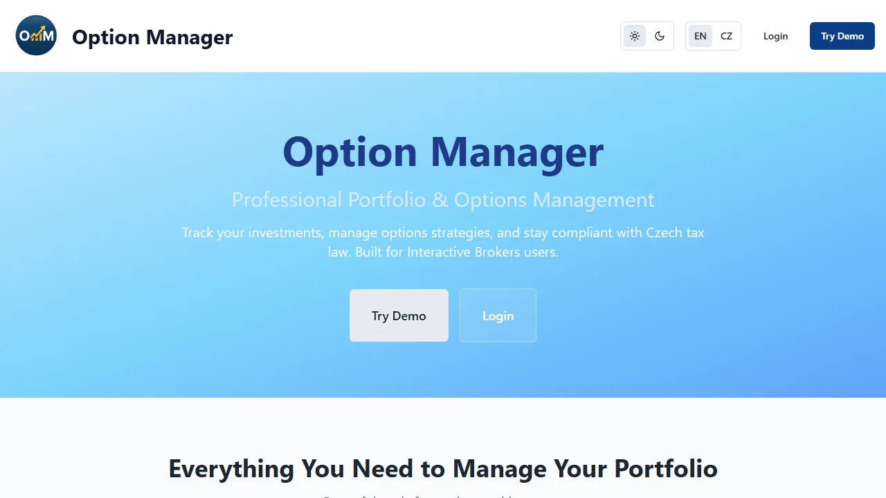 option-manager.com - Option Portfolio Manager with P&L Visualization screenshot