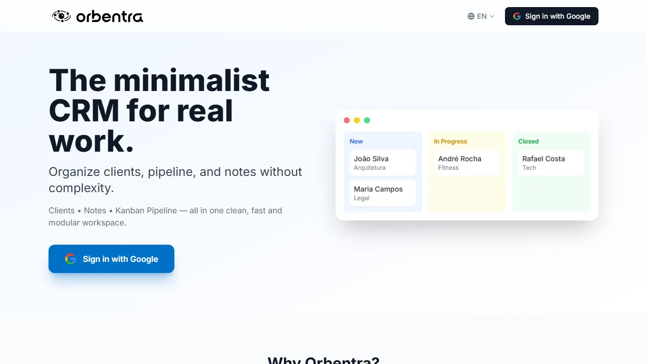 orbentra.com - Minimalist CRM for Client & Deal Management screenshot