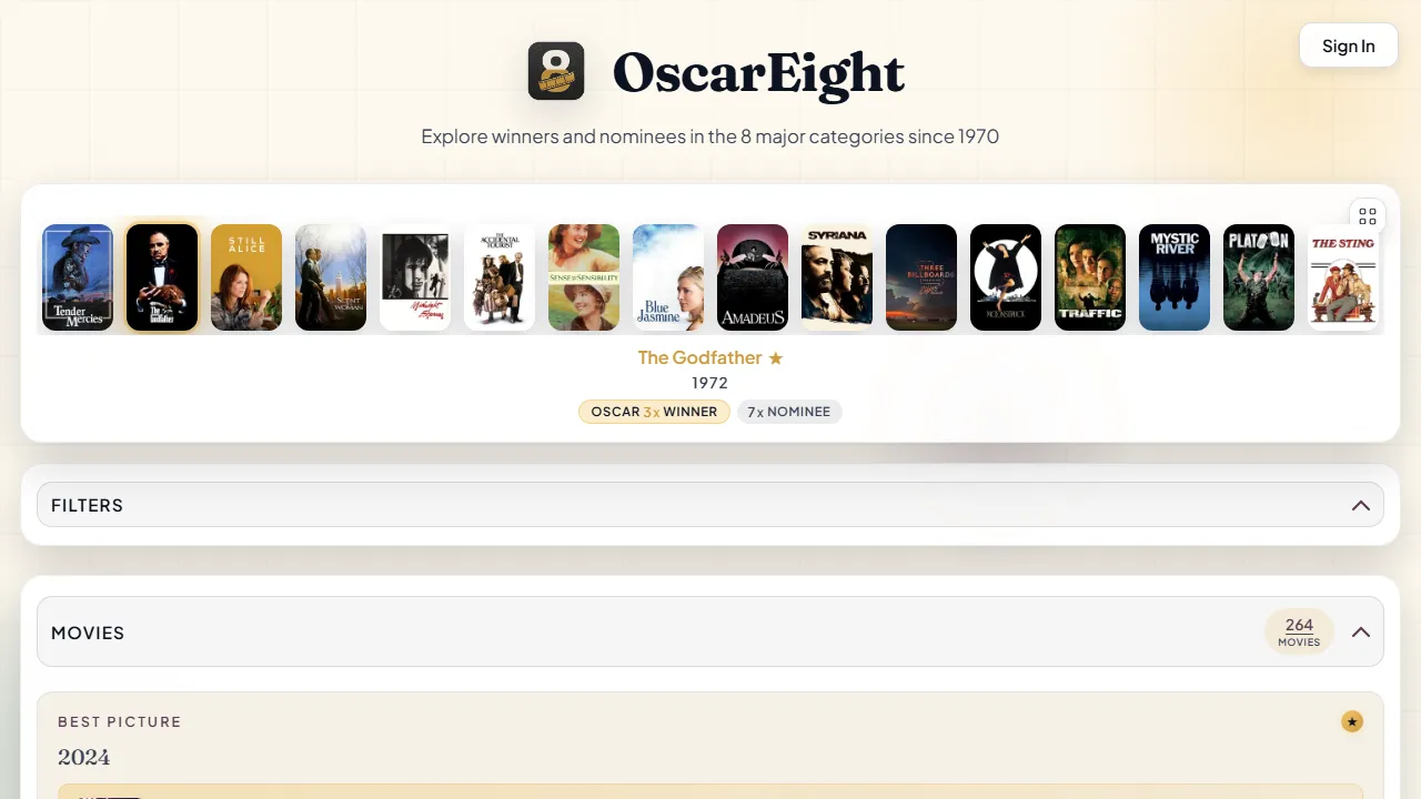oscareight.app - Movie Tracking App for Oscar Winners & Nominees screenshot