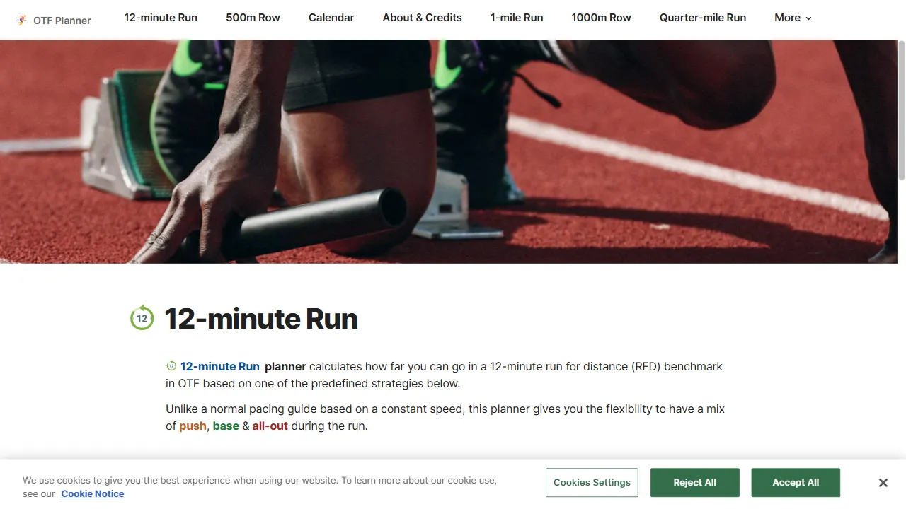 otfplanner.com - 12-Minute Run Distance Benchmark Strategy Tool screenshot