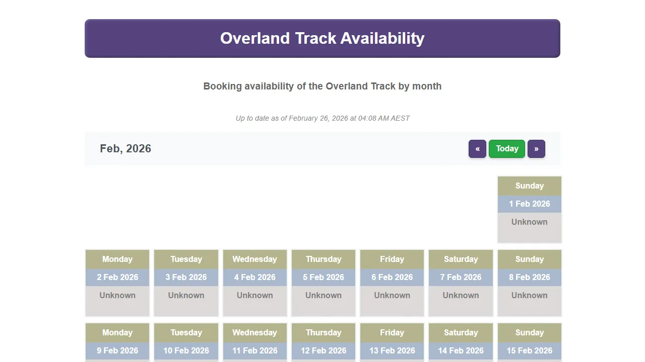 overlandtrackavailability.com - Overland Track Availability Tracker Online screenshot