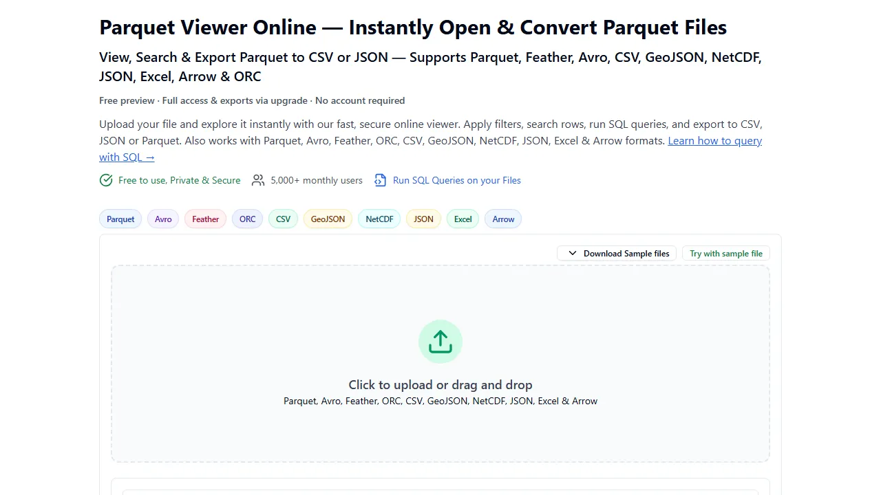 parquetreader.com - File Converter for Parquet to CSV screenshot
