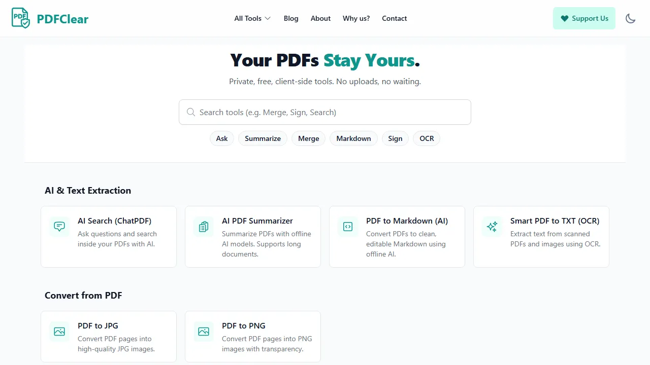 pdfclear.com - Free Private PDF Toolkit for Browser Use screenshot