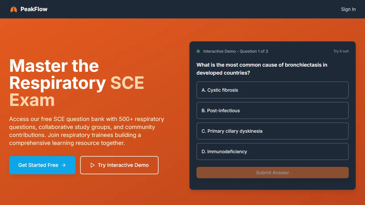 peakflow.uk - Free Online Respiratory Question Bank screenshot