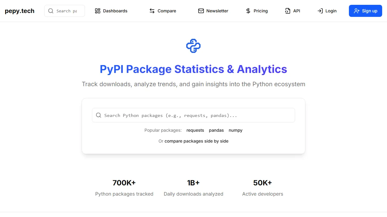 pepy.tech - Python Package Download Statistics Tracker Online screenshot