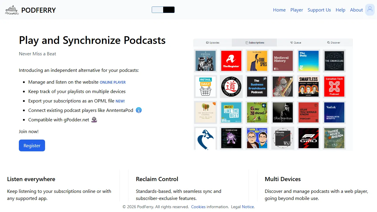 podferry.com - Podcast Subscription Synchronization Service screenshot