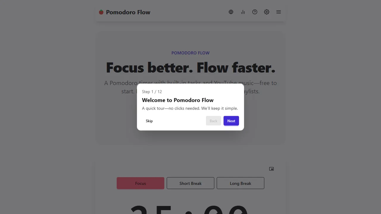 pomodoro-flow.com - Free Pomodoro Timer with YouTube Music screenshot