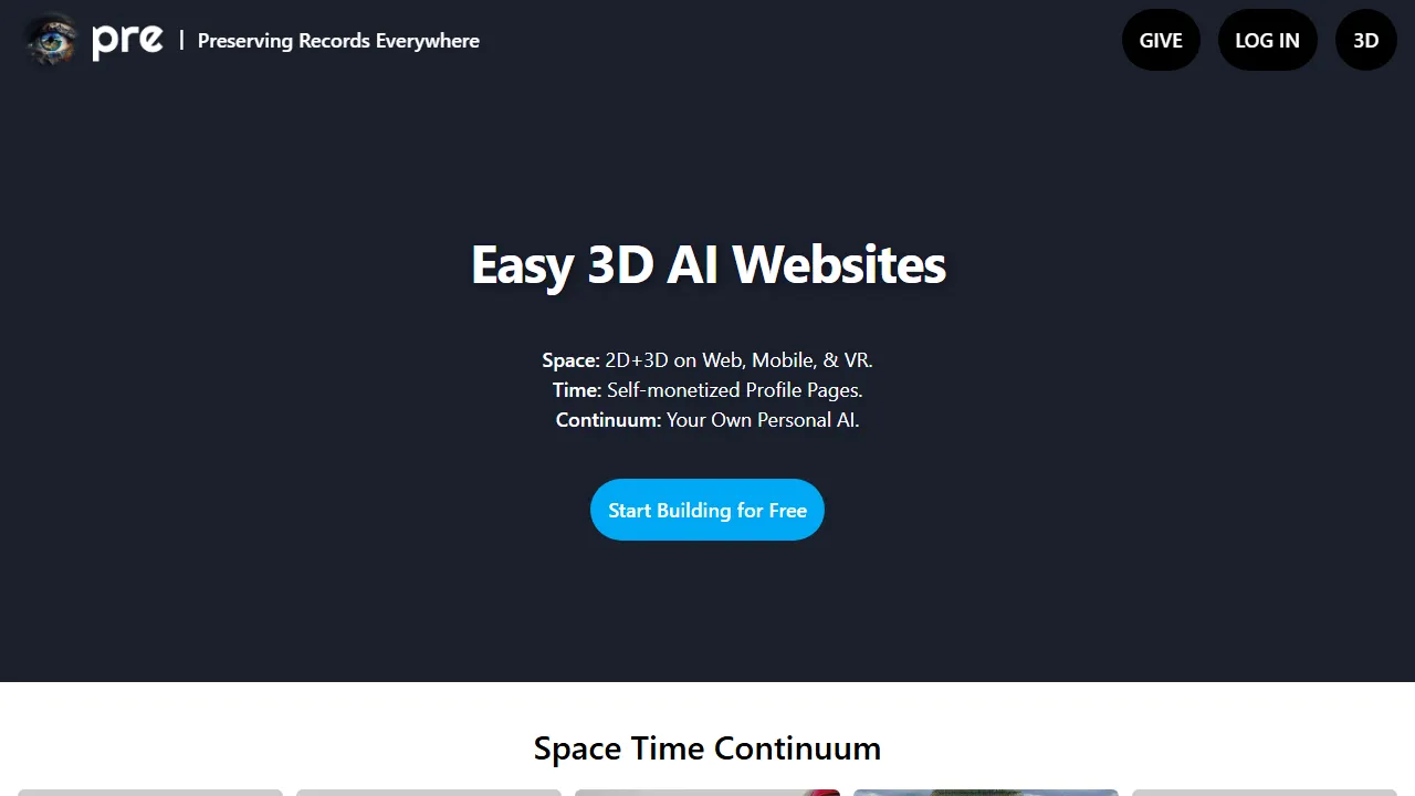 pre.world - AI Website Builder with 3D PRE Spaces screenshot