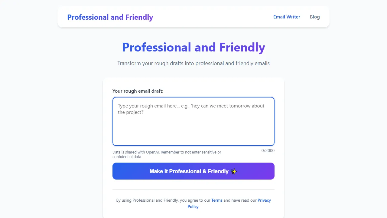 professionalandfriendly.com - AI Email Assistant for Professional Communication screenshot