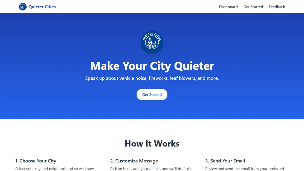 quietercities.org - File a Noise Complaint Online Tool screenshot
