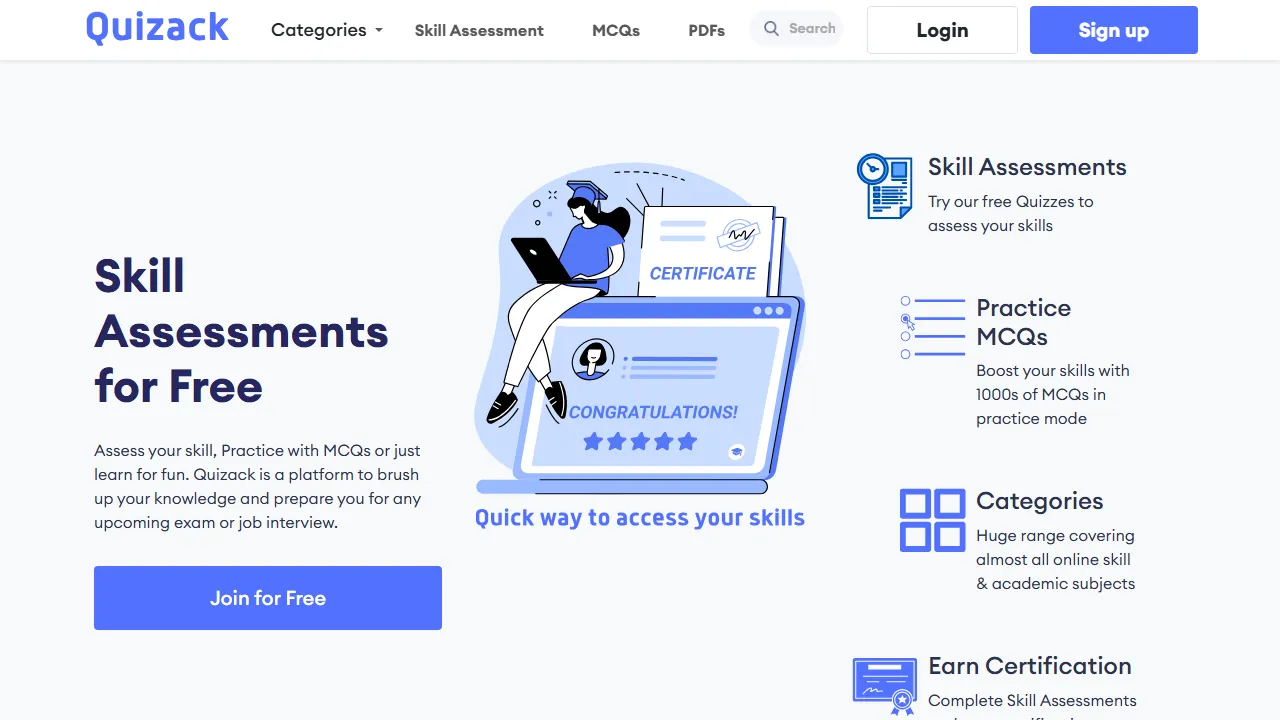 quizack.com - Free Skill Assessment Platform for Job Seekers screenshot