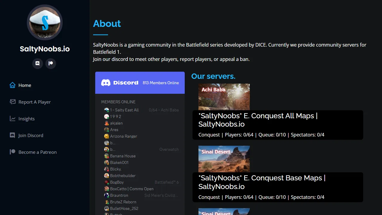 saltynoobs.io - Discord Bot for Battlefield 1 Servers screenshot