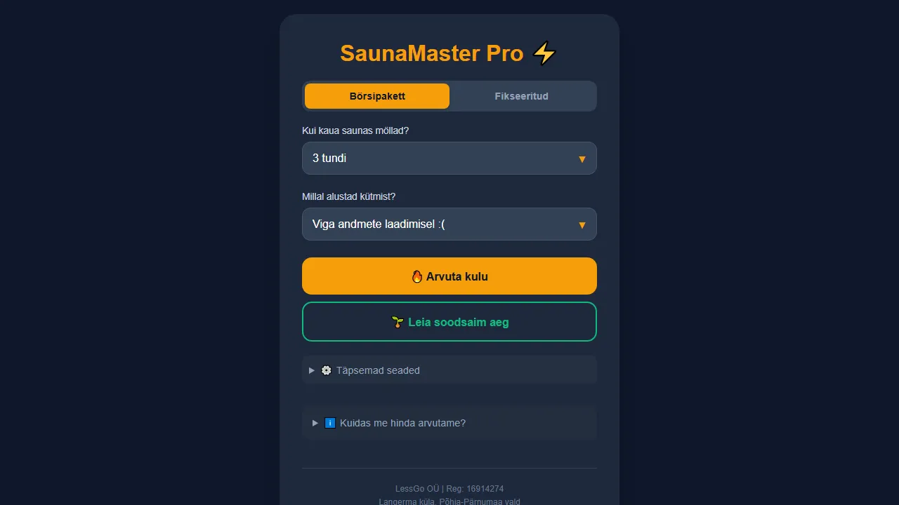 saun.lessgo.ee - Find Best Time for Sauna Heating screenshot