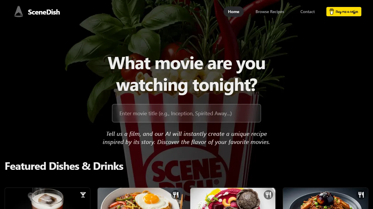 scenedish.com - AI Movie-Themed Recipe Generator screenshot