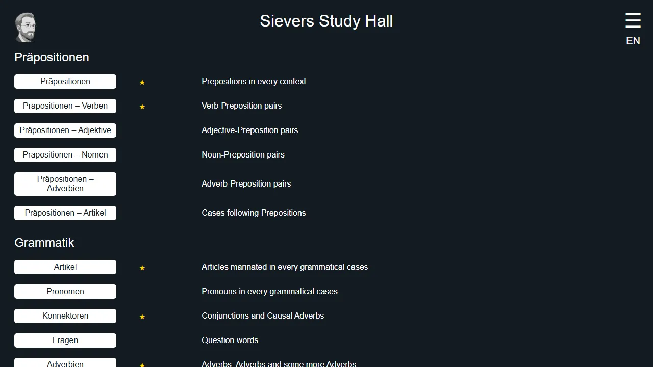 sieversstudyhall.com - German Language Learning Grammar and Conjugation Practice screenshot
