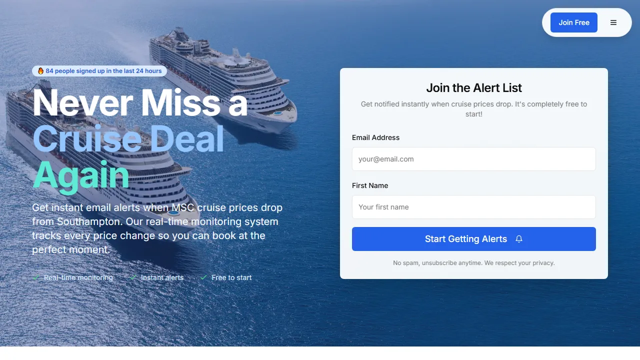 signup.cruiseaboard.co.uk - Free Cruise Price Drop Alert Tool screenshot