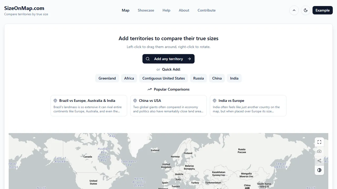 sizeonmap.com - Countries Comparison Map Tool Online screenshot