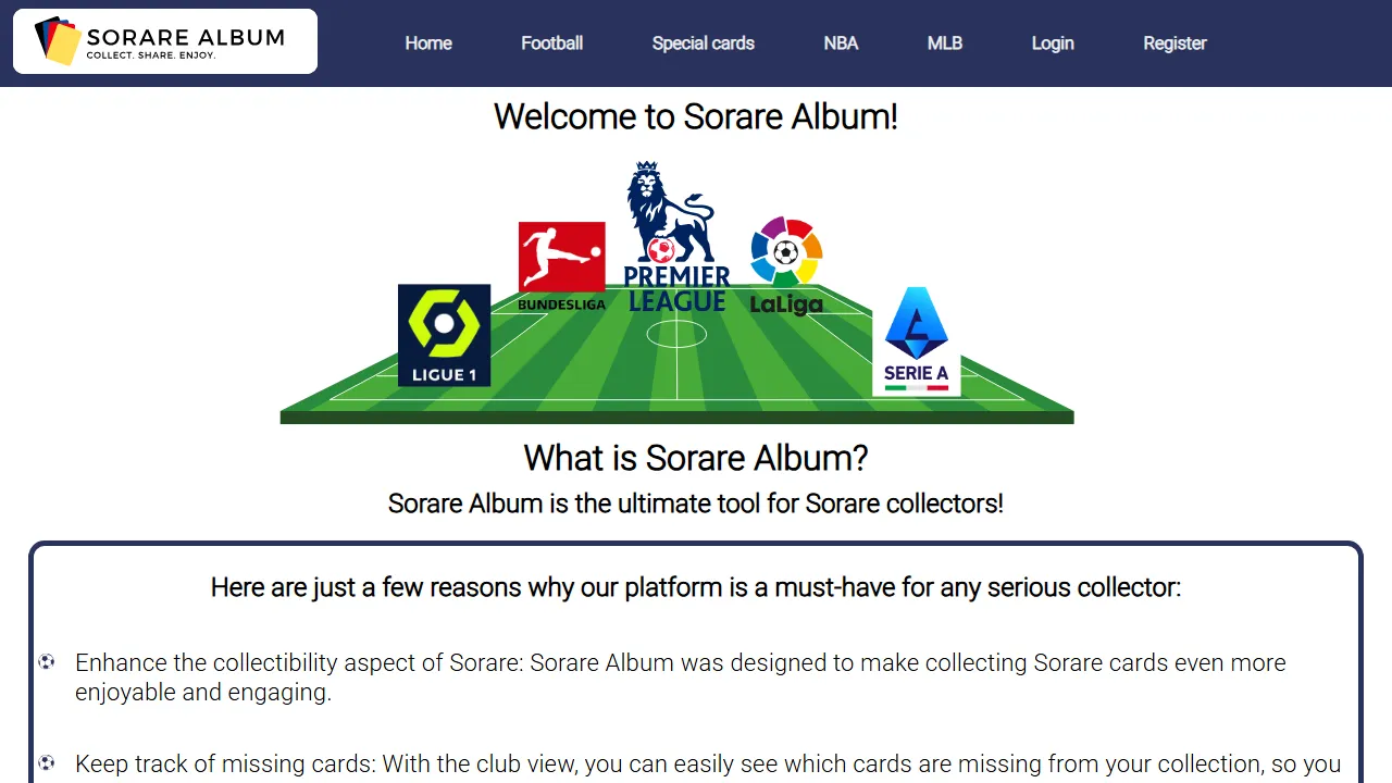 sorare-album.com - NFT Asset Tracker Platform screenshot