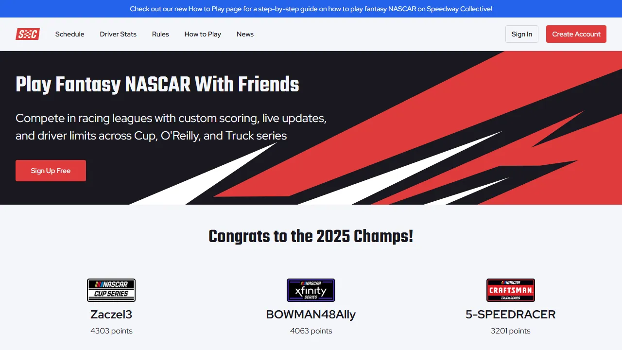 speedwaycollective.com - Fantasy NASCAR Sports Platform For screenshot