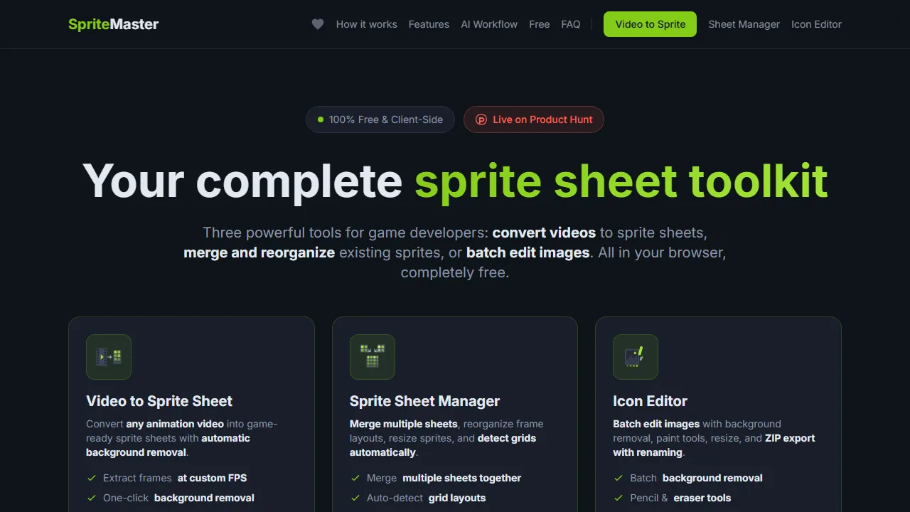 spritemaster.pages.dev - AI Sprite Sheet Generator From Video screenshot