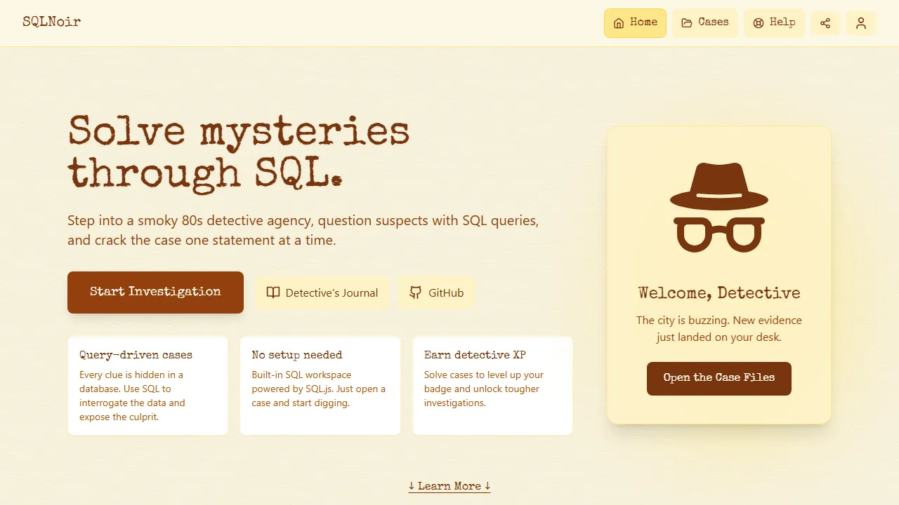 sqlnoir.com - SQL Learning Game to Practice Queries screenshot