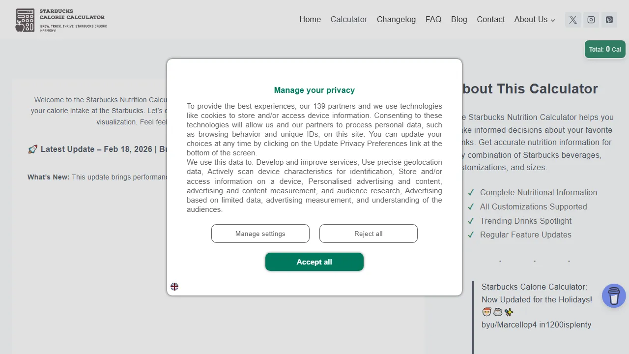starbucks-calorie-calculator.com - Starbucks Calorie Calculator and Estimator Tool screenshot